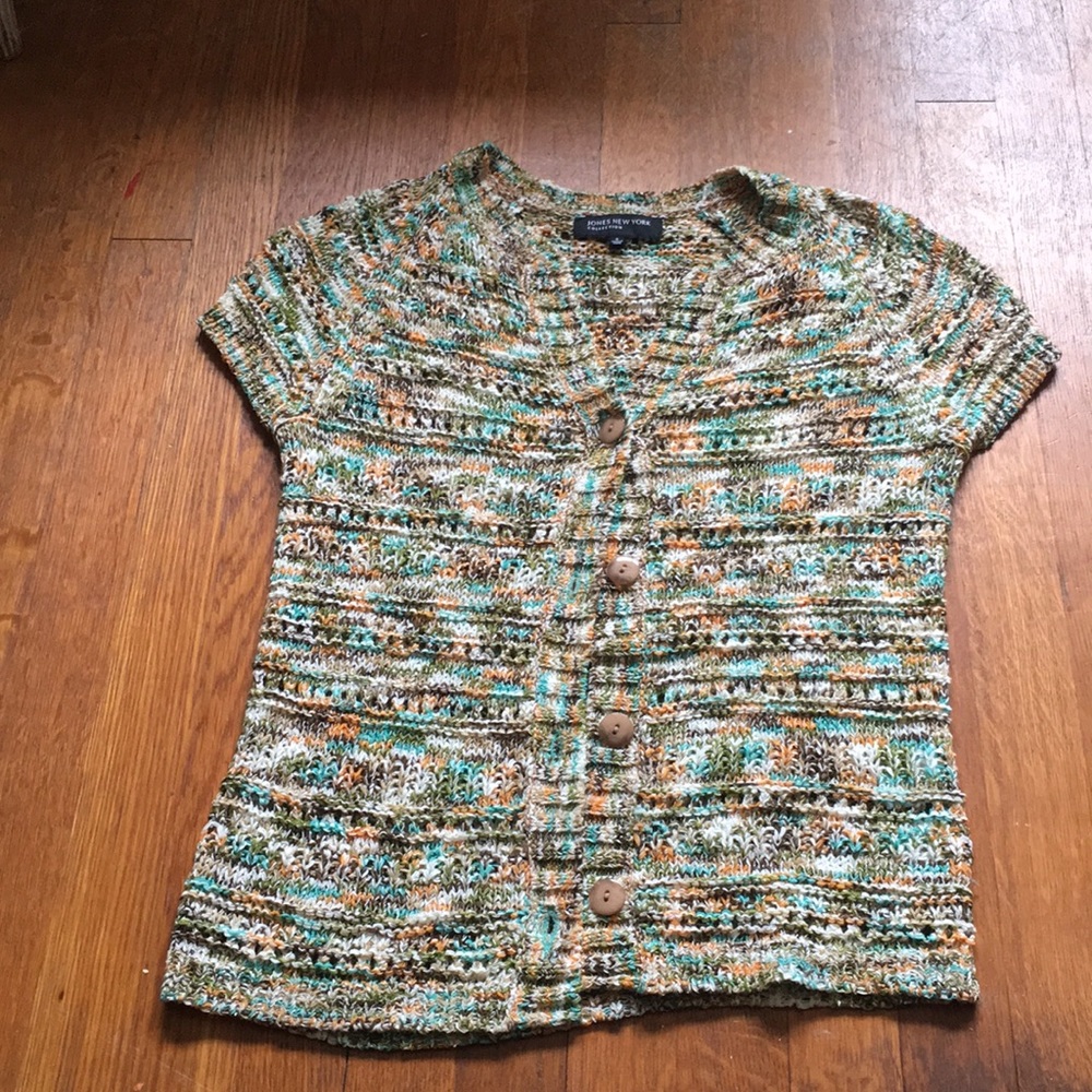 Jones NY Multicolored Knit Short-Sleeved Cardigan